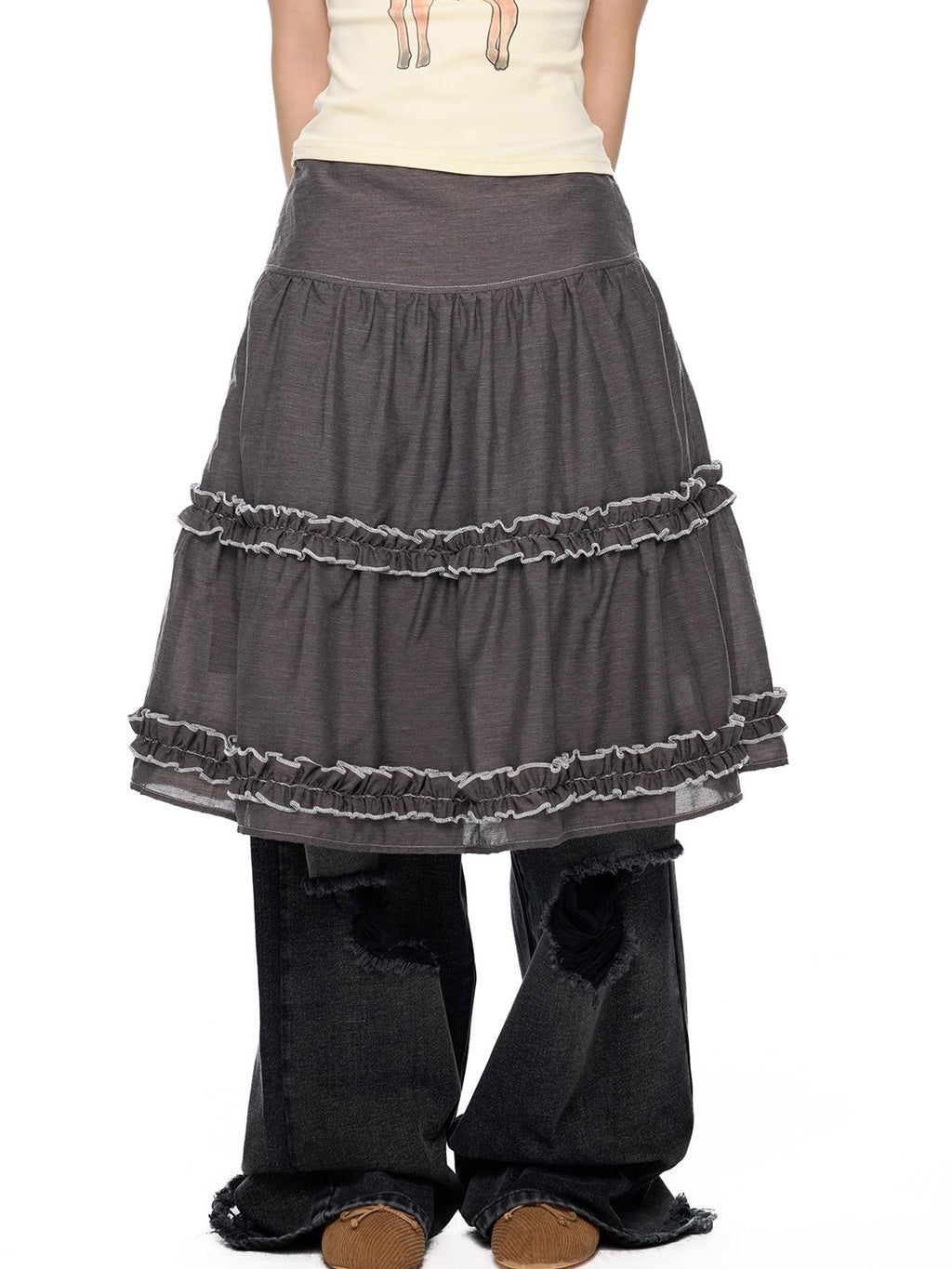 EZEK Vintage Lace Trim Ruched Loose Fit Women's A-line Skirts