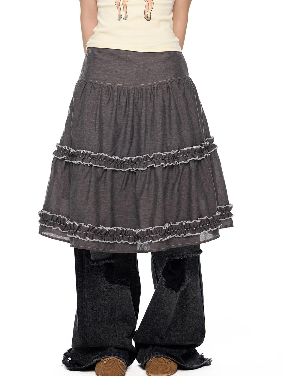 EZEK Vintage Lace Trim Ruched Loose Fit Women's A-line Skirts