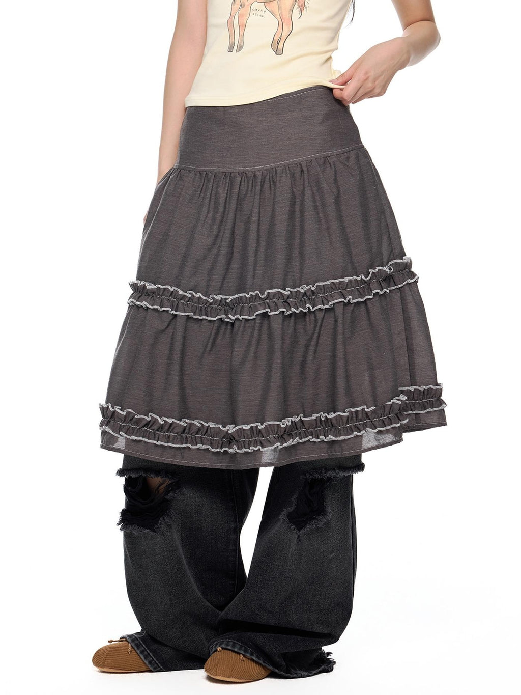 EZEK Vintage Lace Trim Ruched Loose Fit Women's A-line Skirts