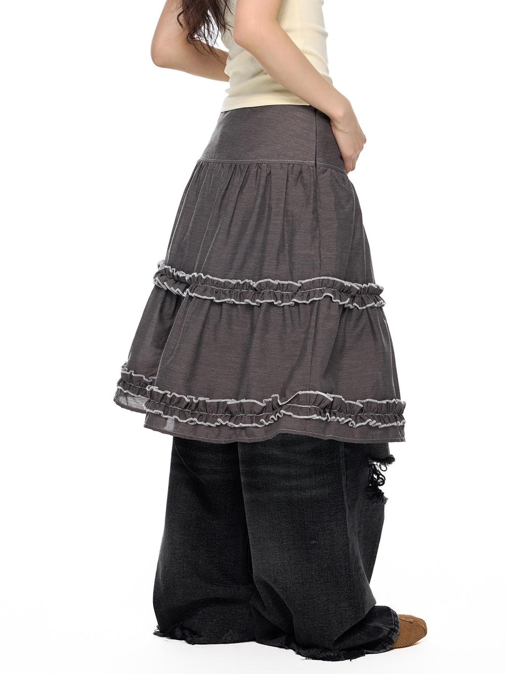 EZEK Vintage Lace Trim Ruched Loose Fit Women's A-line Skirts