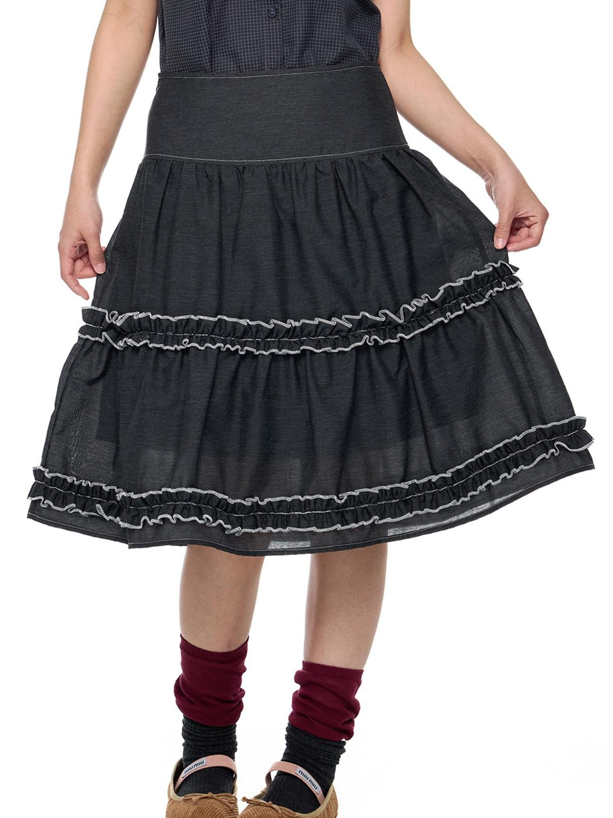 EZEK Vintage Lace Trim Ruched Loose Fit Women's A-line Skirts