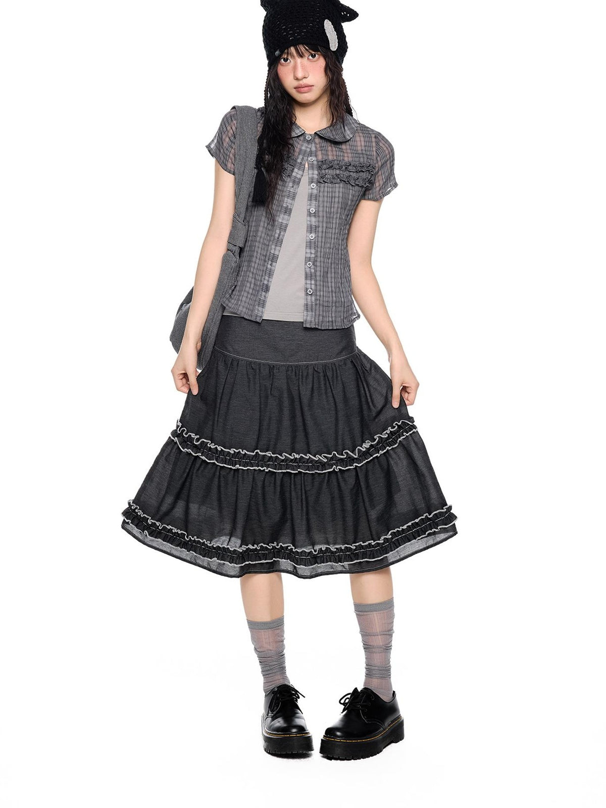 EZEK Vintage Lace Trim Ruched Loose Fit Women's A-line Skirts