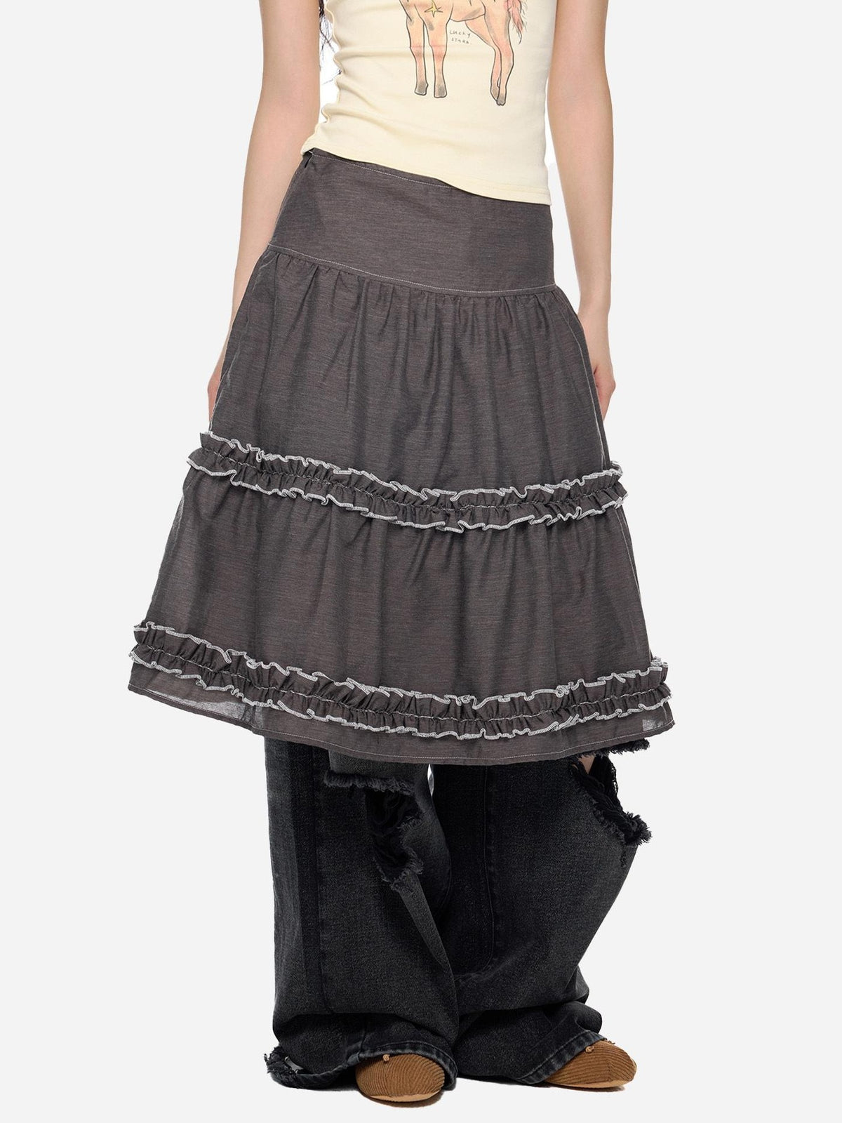 EZEK Vintage Lace Trim Ruched Loose Fit Women's A-line Skirts
