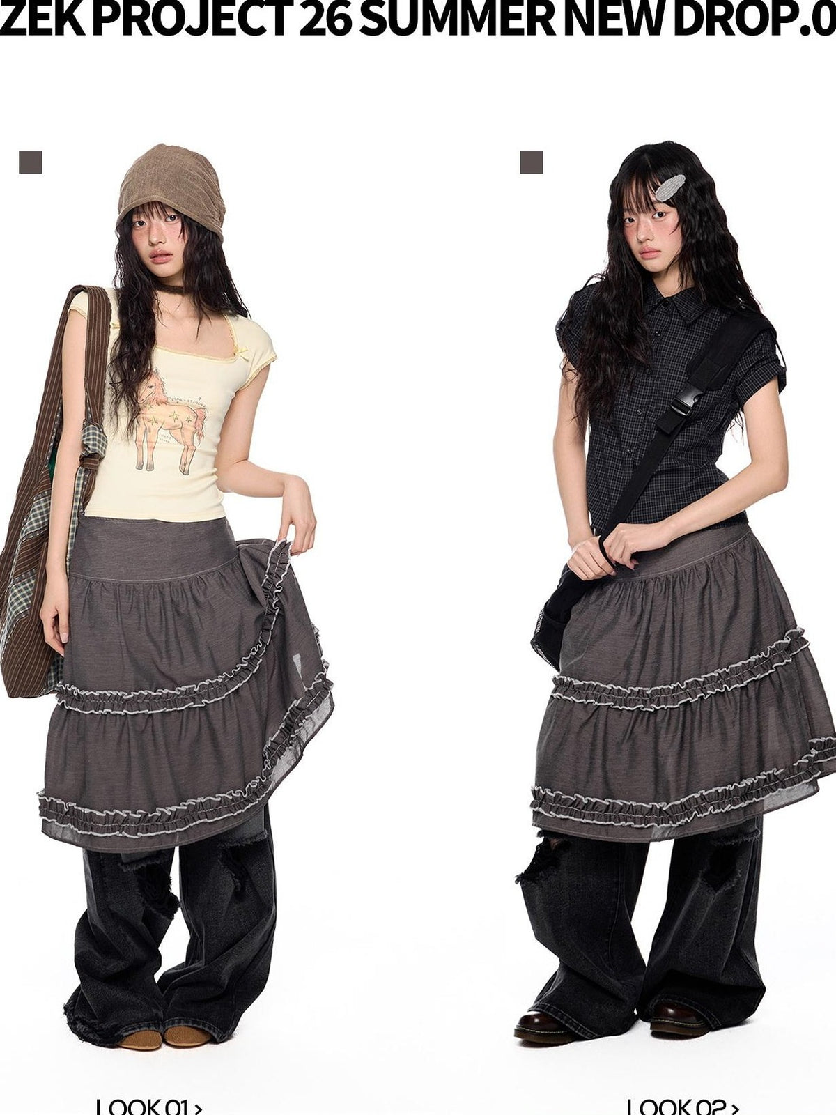 EZEK Vintage Lace Trim Ruched Loose Fit Women's A-line Skirts