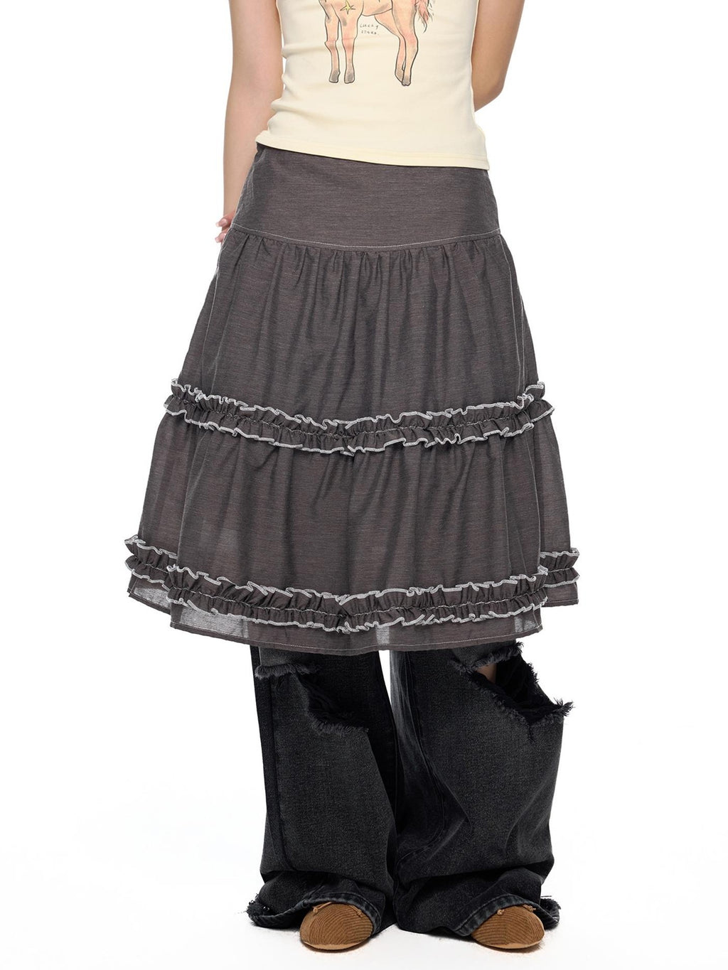 EZEK Vintage Lace Trim Ruched Loose Fit Women's A-line Skirts