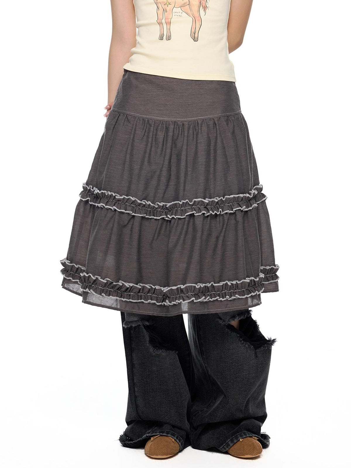EZEK Vintage Lace Trim Ruched Loose Fit Women's A-line Skirts