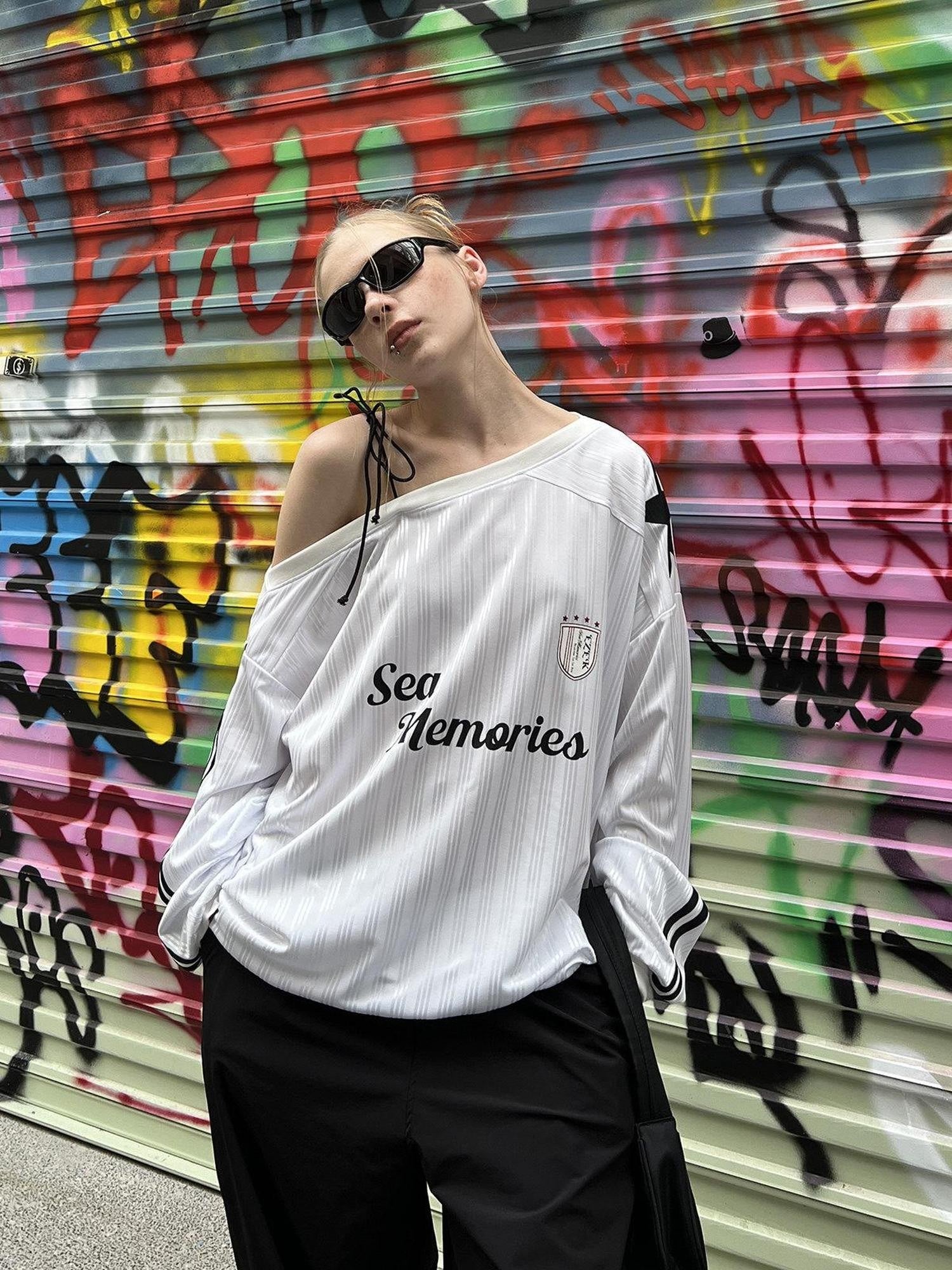 EZEK Vintage One Shoulder Letter Print Women's Polyester Long Sleeve T-shirts