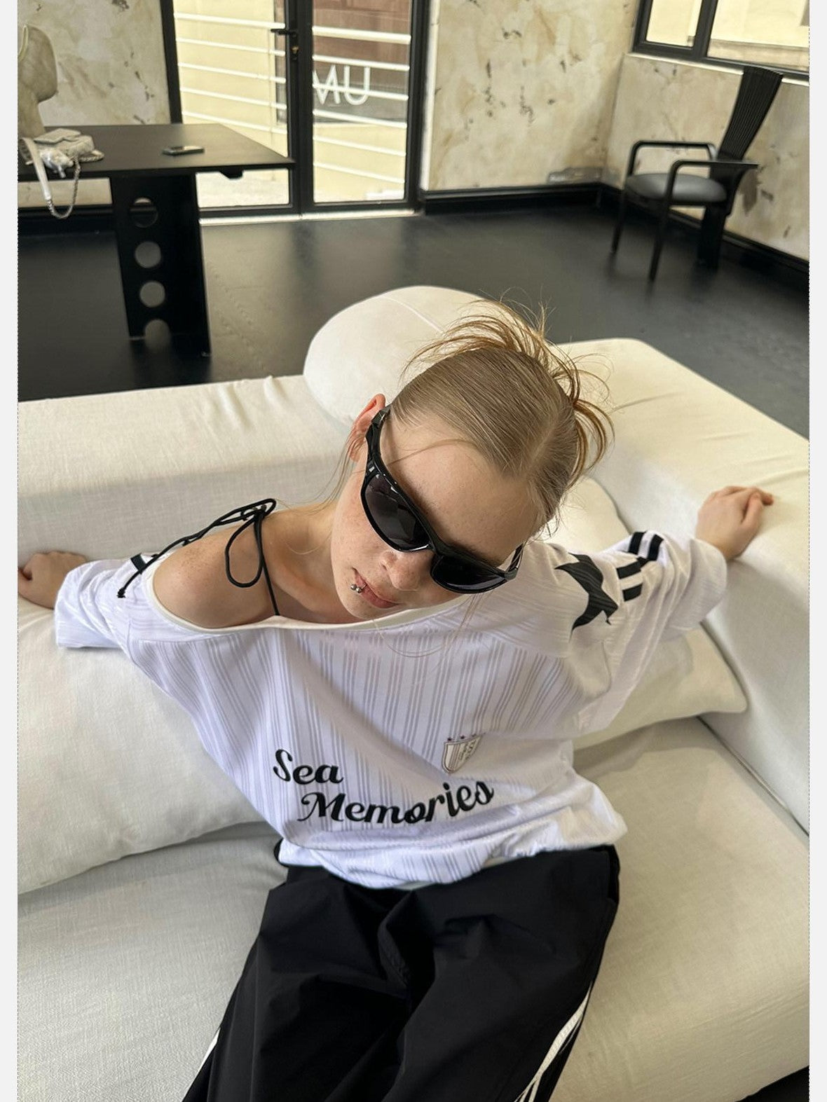 EZEK Vintage One Shoulder Letter Print Women's Polyester Long Sleeve T-shirts