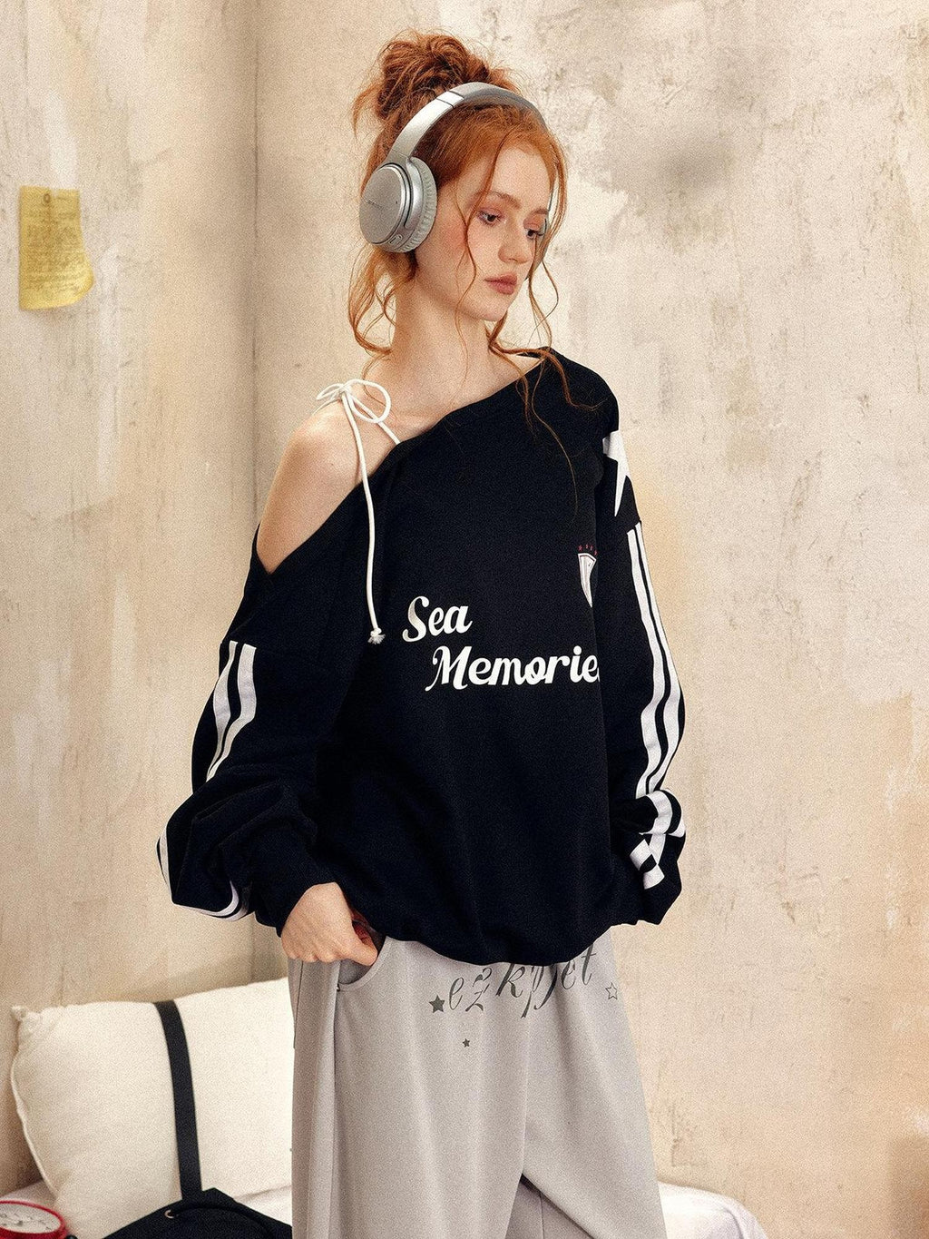 EZEK Vintage One Shoulder Letter Print Women's Polyester Long Sleeve T-shirts