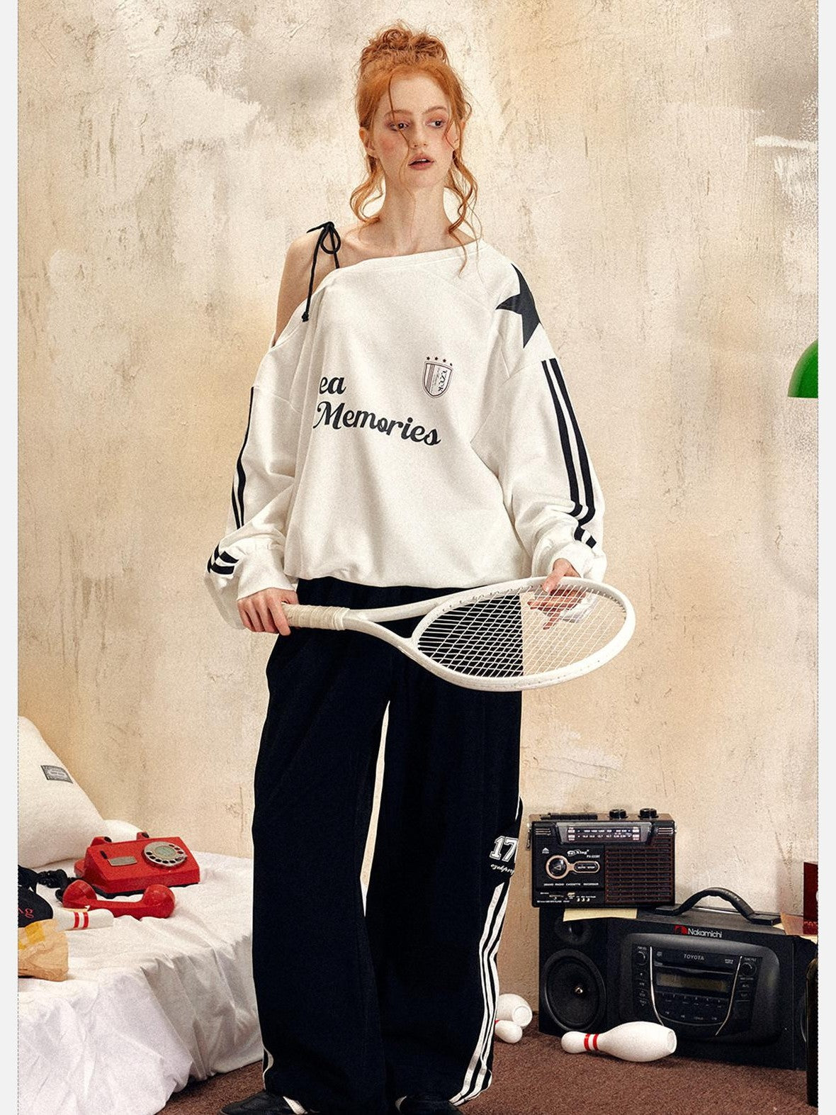 EZEK Vintage One Shoulder Letter Print Women's Polyester Long Sleeve T-shirts