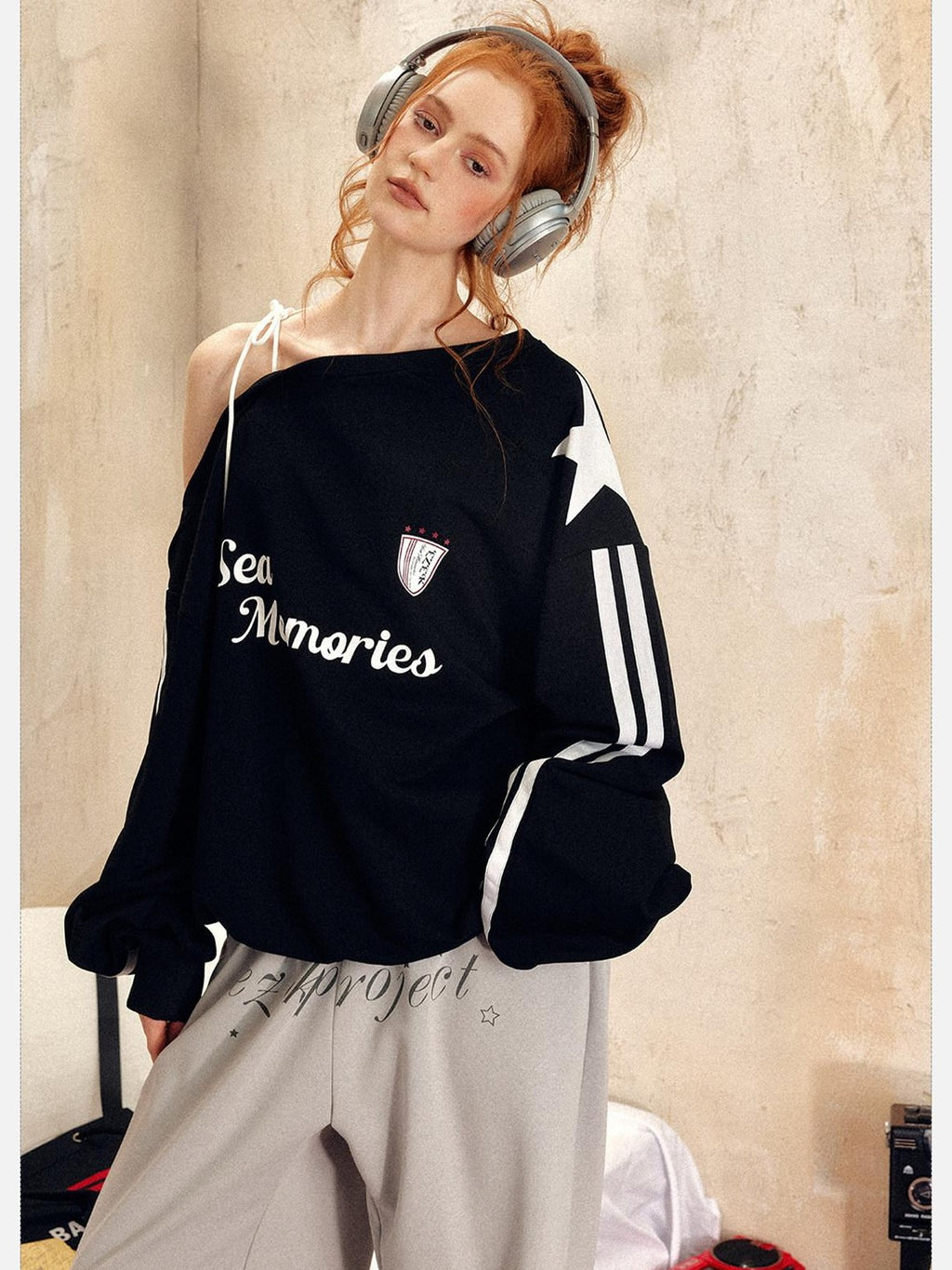 EZEK Vintage One Shoulder Letter Print Women's Polyester Long Sleeve T-shirts