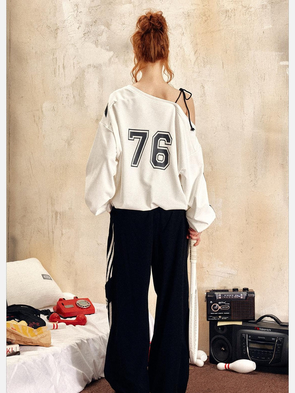 EZEK Vintage One Shoulder Letter Print Women's Polyester Long Sleeve T-shirts
