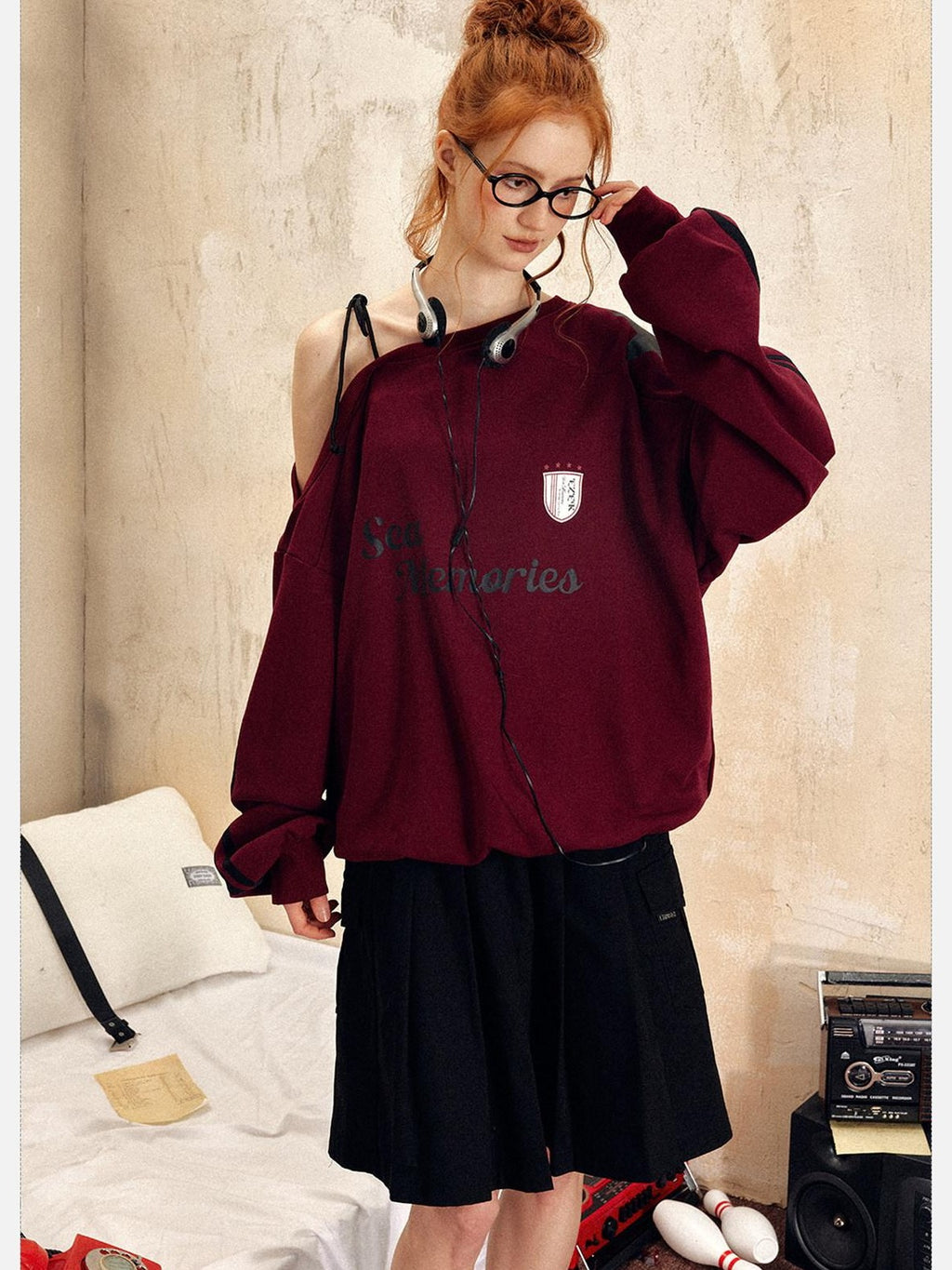 EZEK Vintage One Shoulder Letter Print Women's Polyester Long Sleeve T-shirts