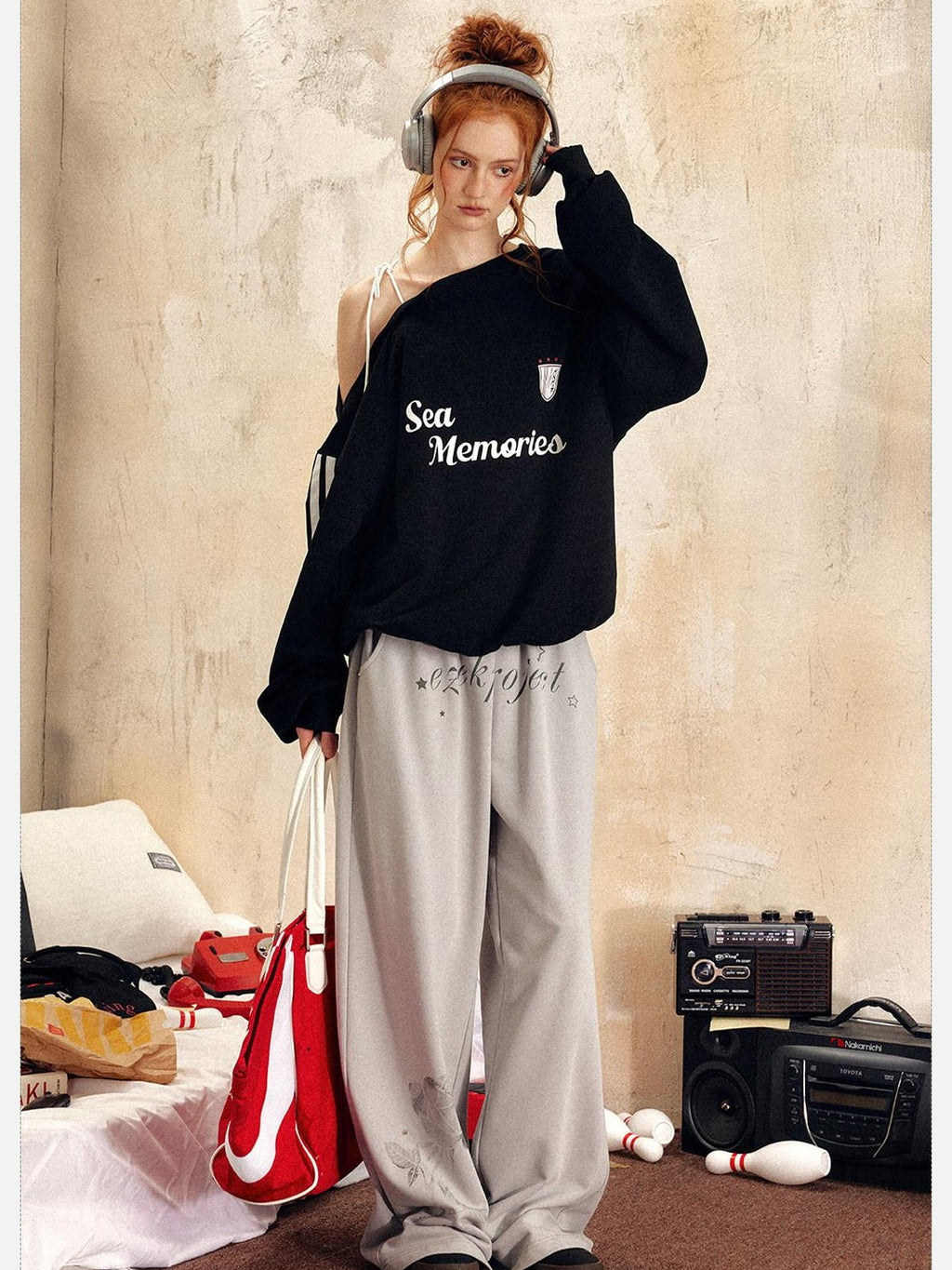 EZEK Vintage One Shoulder Letter Print Women's Polyester Long Sleeve T-shirts