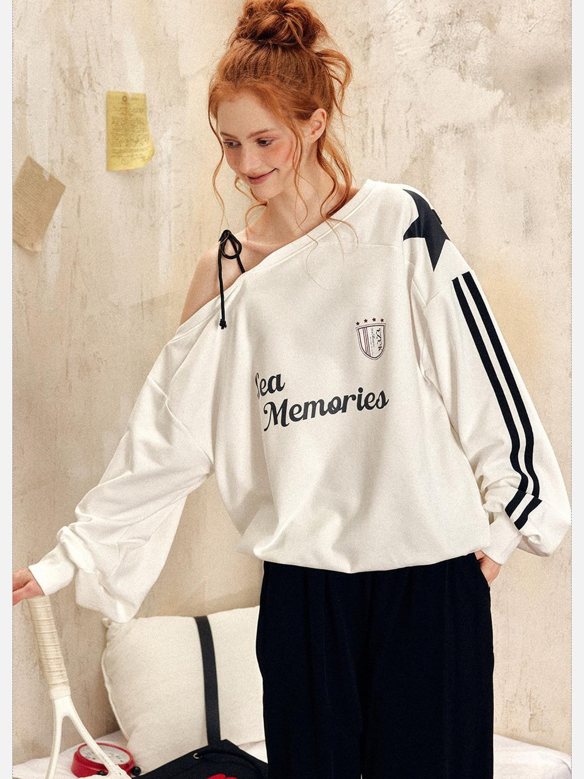 EZEK Vintage One Shoulder Letter Print Women's Polyester Long Sleeve T-shirts
