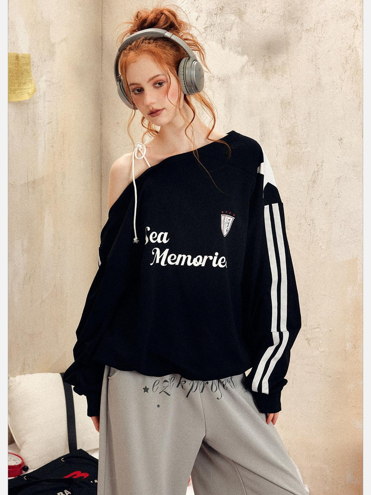 EZEK Vintage One Shoulder Letter Print Women's Polyester Long Sleeve T-shirts