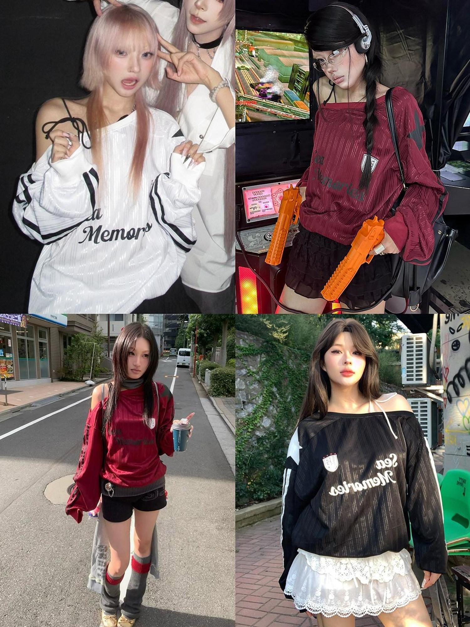 EZEK Vintage One Shoulder Letter Print Women's Polyester Long Sleeve T-shirts