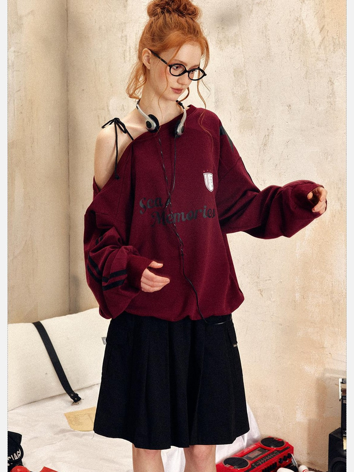 EZEK Vintage One Shoulder Letter Print Women's Polyester Long Sleeve T-shirts