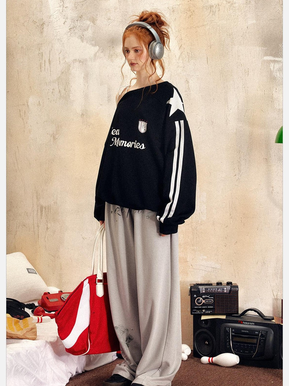 EZEK Vintage One Shoulder Letter Print Women's Polyester Long Sleeve T-shirts