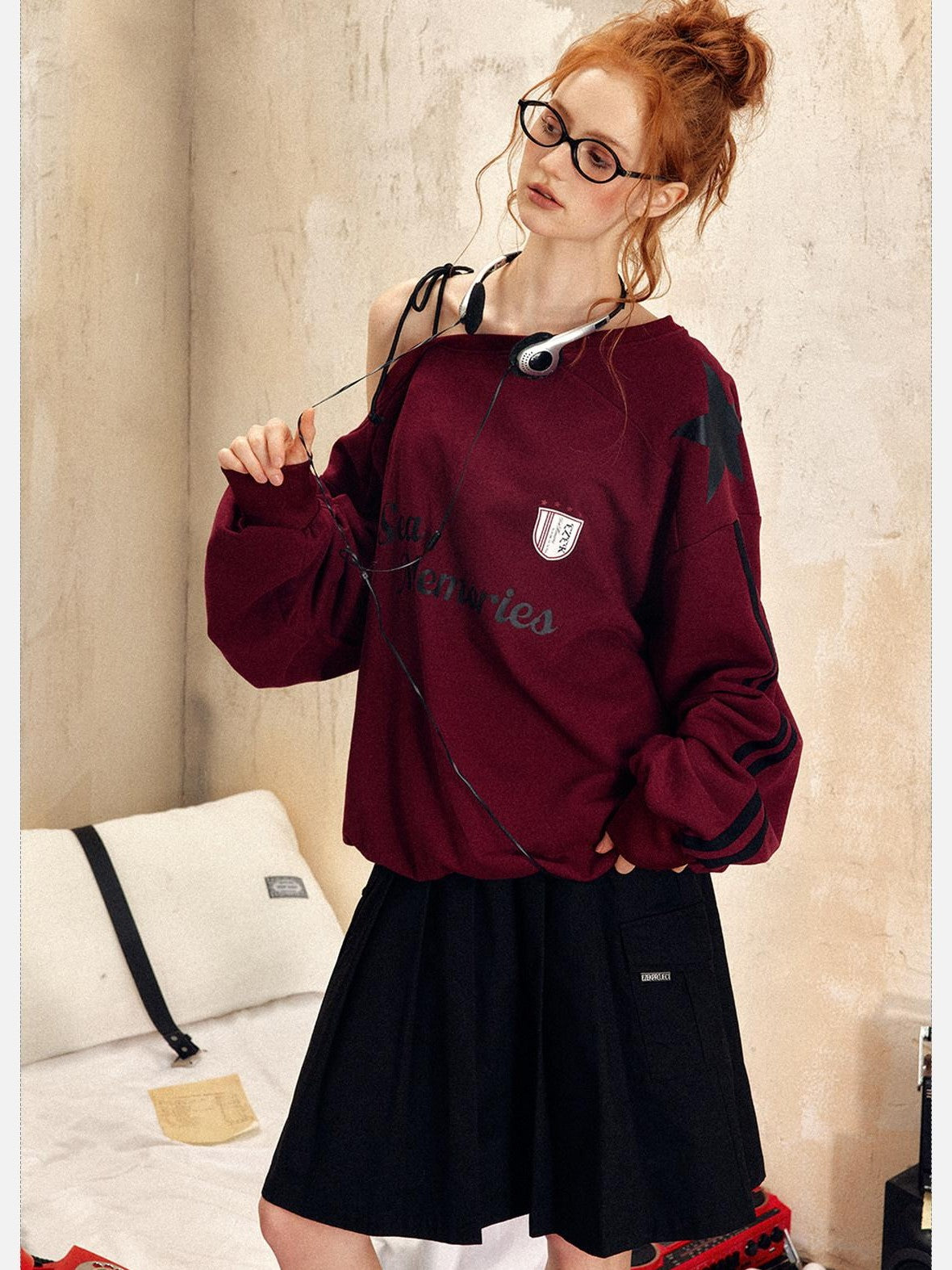 EZEK Vintage One Shoulder Letter Print Women's Polyester Long Sleeve T-shirts