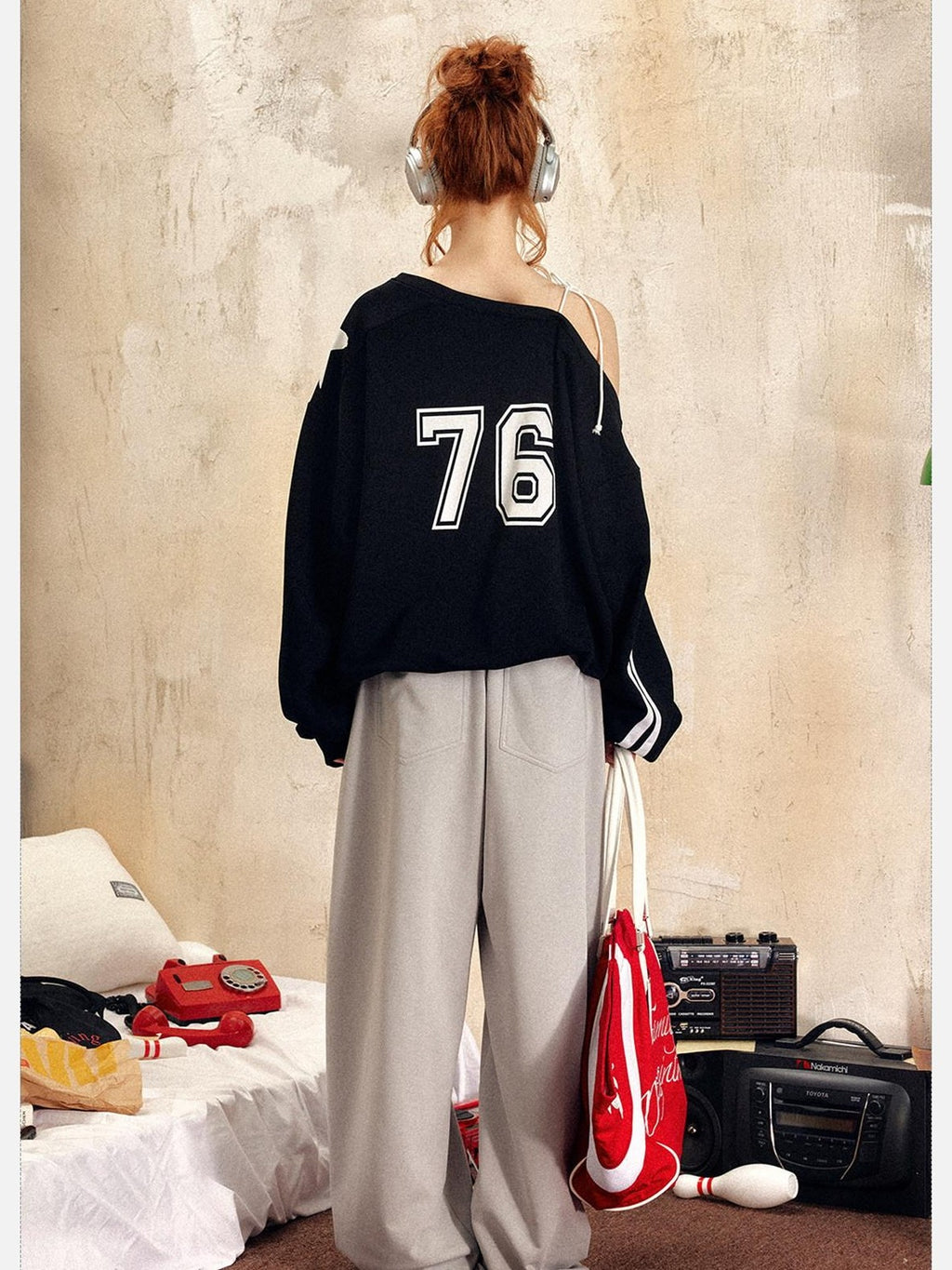 EZEK Vintage One Shoulder Letter Print Women's Polyester Long Sleeve T-shirts