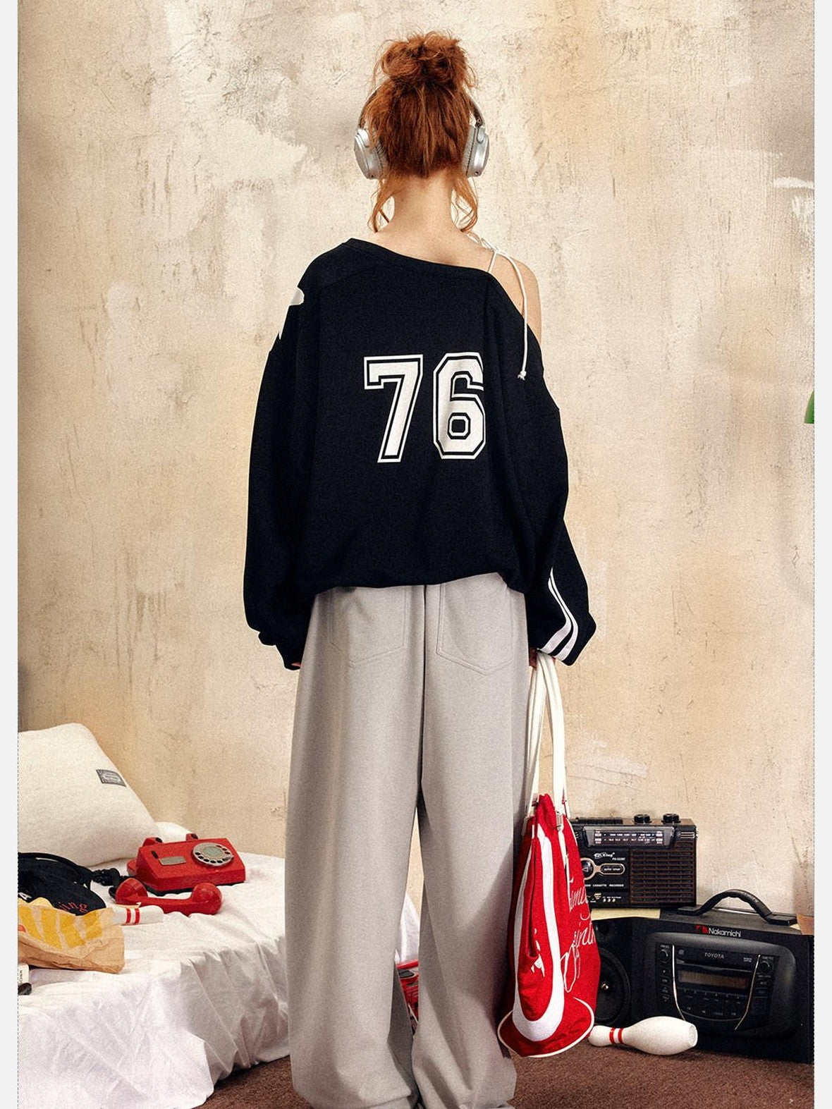 EZEK Vintage One Shoulder Letter Print Women's Polyester Long Sleeve T-shirts