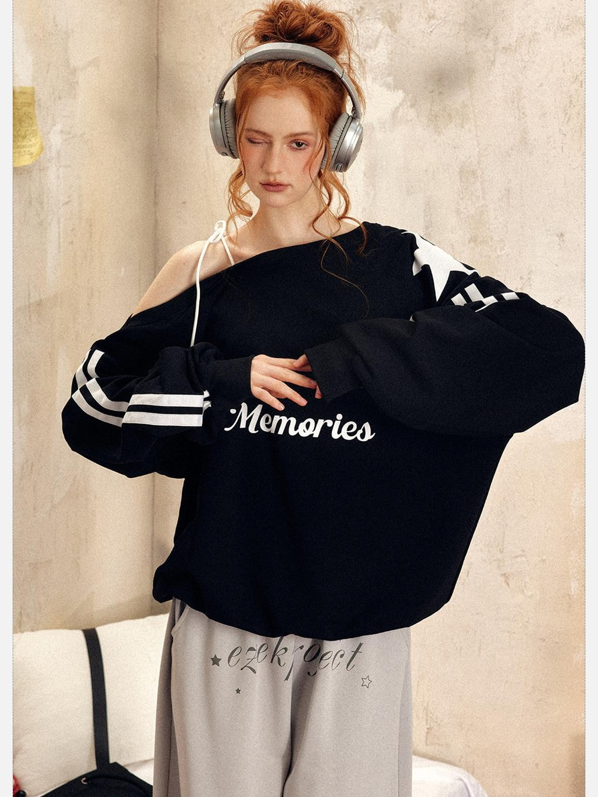 EZEK Vintage One Shoulder Letter Print Women's Polyester Long Sleeve T-shirts