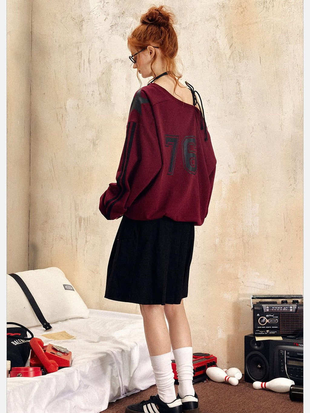 EZEK Vintage One Shoulder Letter Print Women's Polyester Long Sleeve T-shirts
