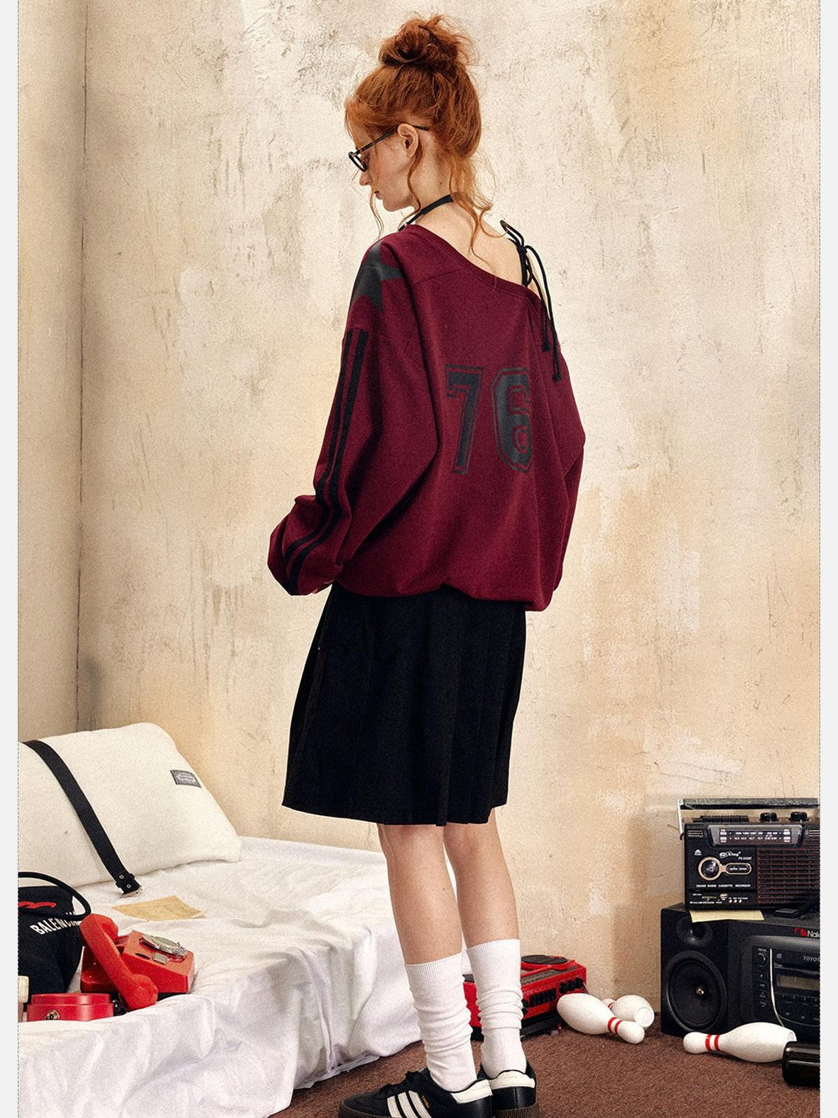 EZEK Vintage One Shoulder Letter Print Women's Polyester Long Sleeve T-shirts