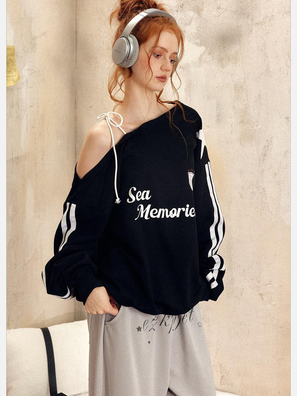 EZEK Vintage One Shoulder Letter Print Women's Polyester Long Sleeve T-shirts