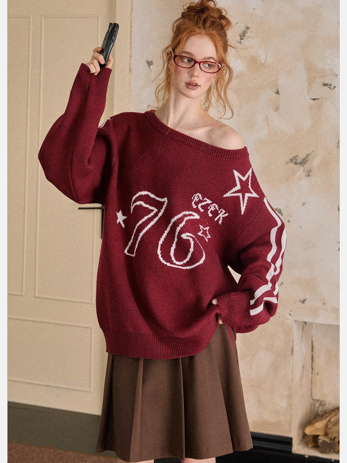 EZEK Vintage One Shoulder Letter Print Women's Polyester Long Sleeve T-shirts