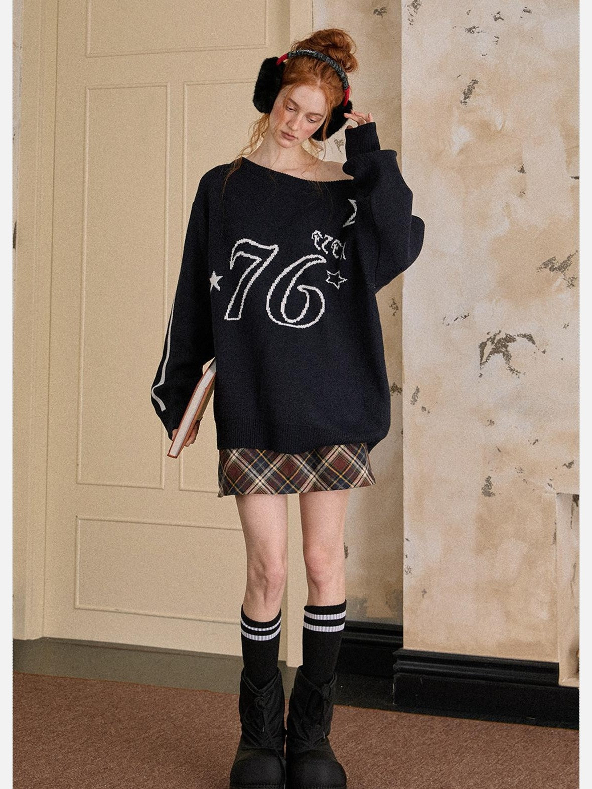 EZEK Vintage One Shoulder Letter Print Women's Polyester Long Sleeve T-shirts