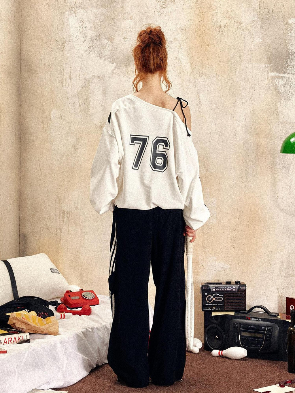 EZEK Vintage One Shoulder Letter Print Women's Polyester Long Sleeve T-shirts