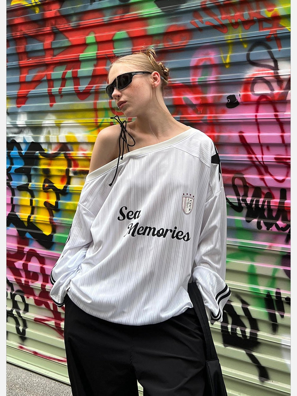 EZEK Vintage One Shoulder Letter Print Women's Polyester Long Sleeve T-shirts
