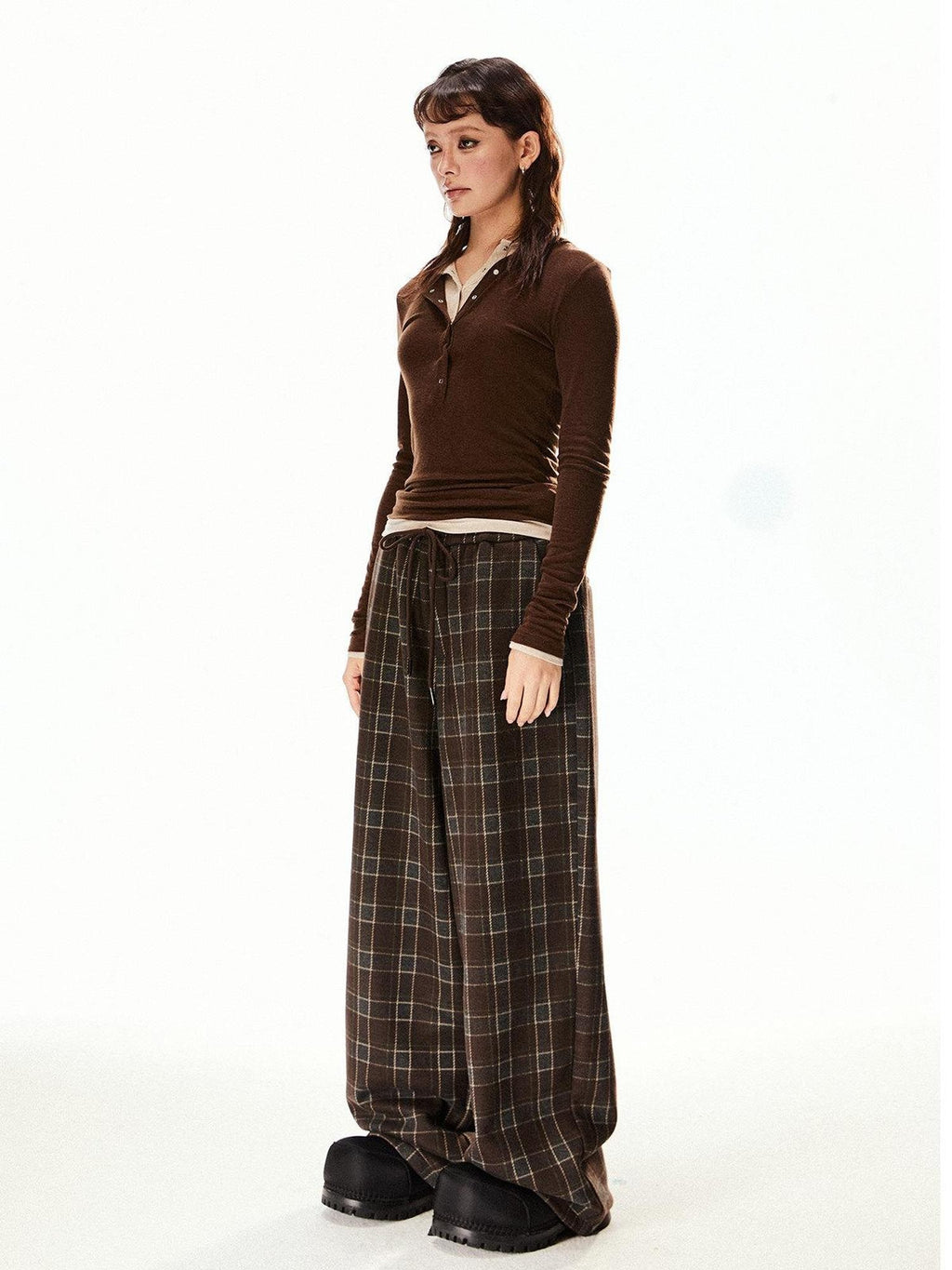 EZEK Vintage Plaid Relaxed Drawstring Pockets Women's Poly Cotton Wide-leg Pants