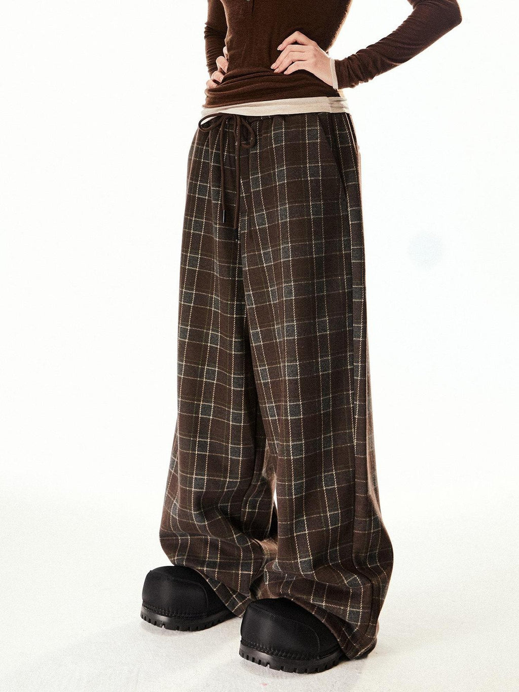 EZEK Vintage Plaid Relaxed Drawstring Pockets Women's Poly Cotton Wide-leg Pants
