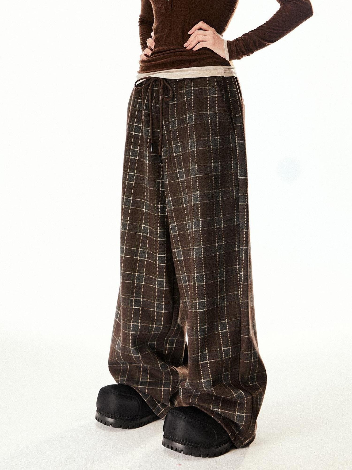 EZEK Vintage Plaid Relaxed Drawstring Pockets Women's Poly Cotton Wide-leg Pants