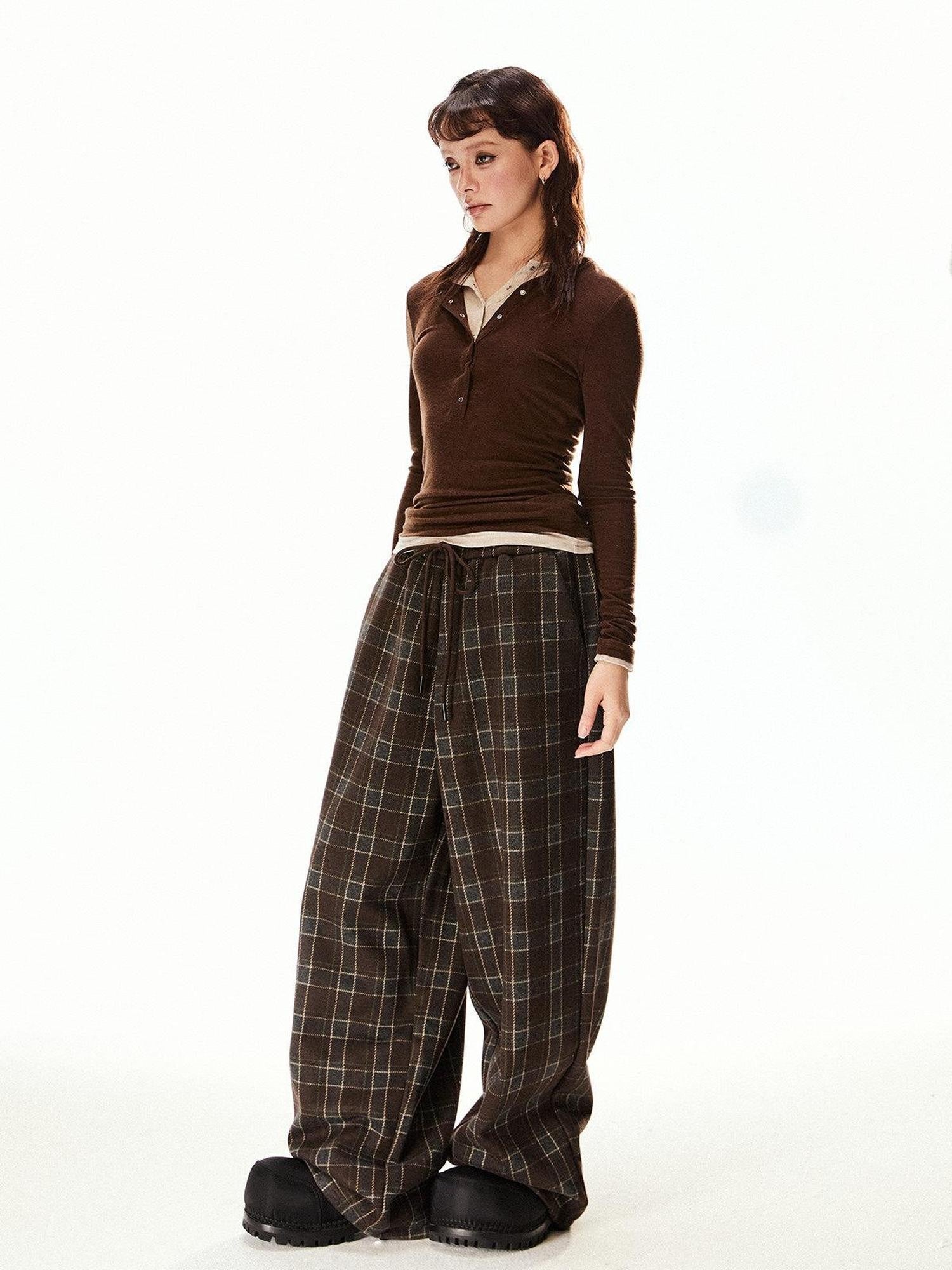 EZEK Vintage Plaid Relaxed Drawstring Pockets Women's Poly Cotton Wide-leg Pants