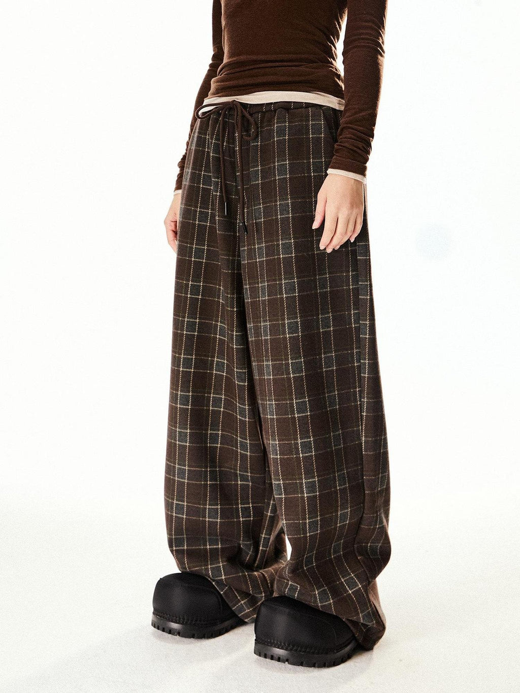 EZEK Vintage Plaid Relaxed Drawstring Pockets Women's Poly Cotton Wide-leg Pants