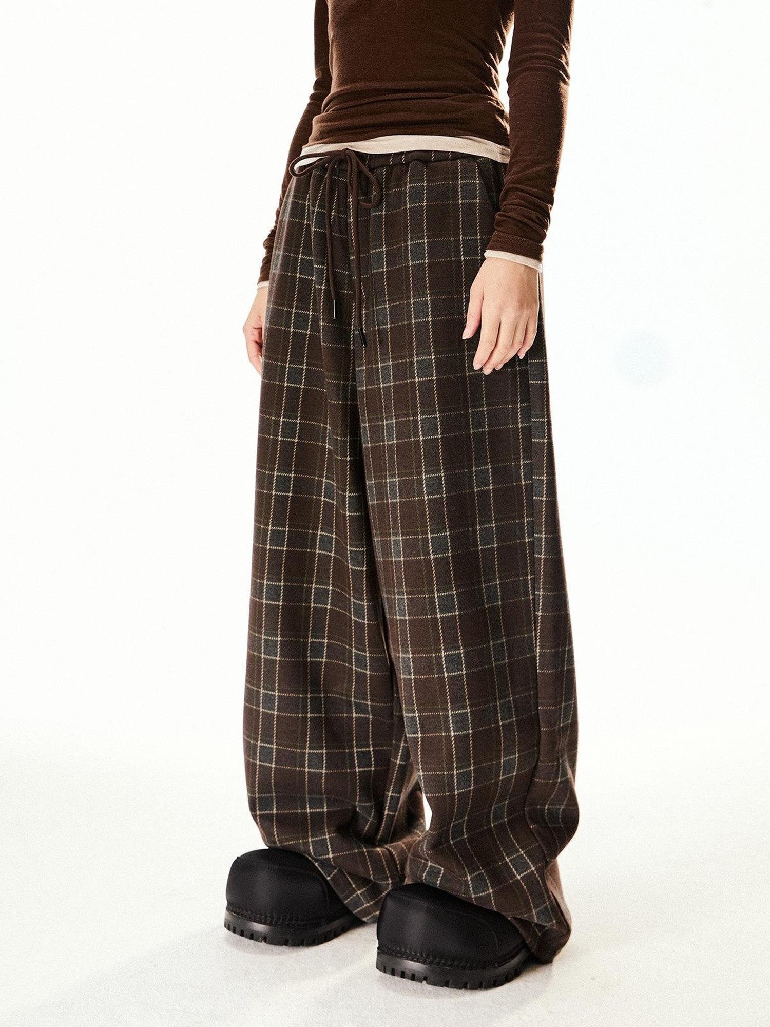 EZEK Vintage Plaid Relaxed Drawstring Pockets Women's Poly Cotton Wide-leg Pants
