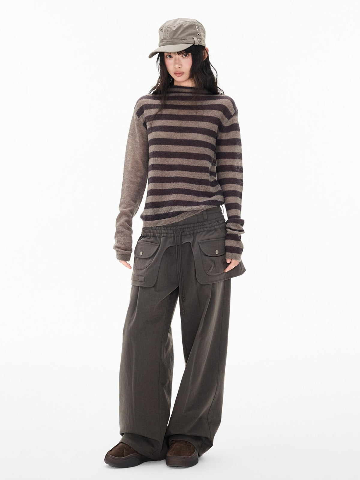 EZEK Vintage Pocket Drawstring Detachable Skirt Overlay Women's Polyester Straight-leg Pants