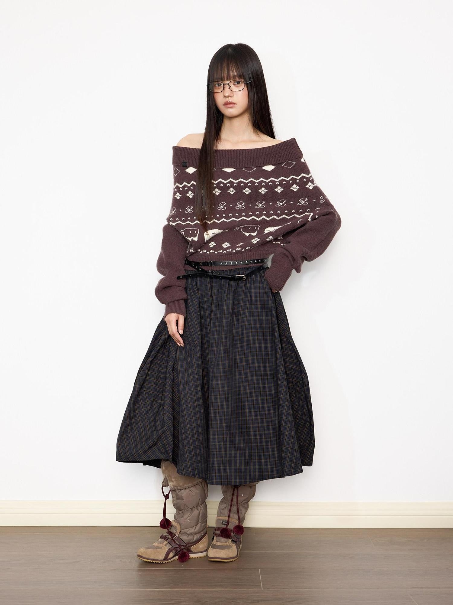 EZEK Vintage Printed Knit One Shoulder Women's Acrylic Blend Off-shoulder Sweaters