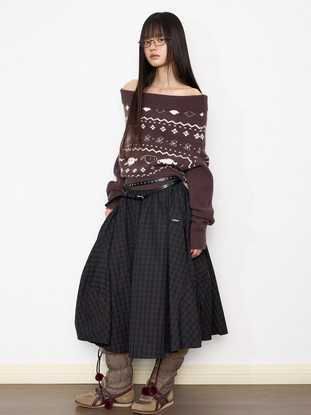 EZEK Vintage Printed Knit One Shoulder Women's Acrylic Blend Off-shoulder Sweaters