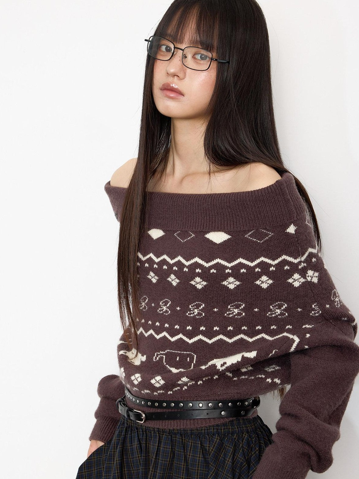 EZEK Vintage Printed Knit One Shoulder Women's Acrylic Blend Off-shoulder Sweaters