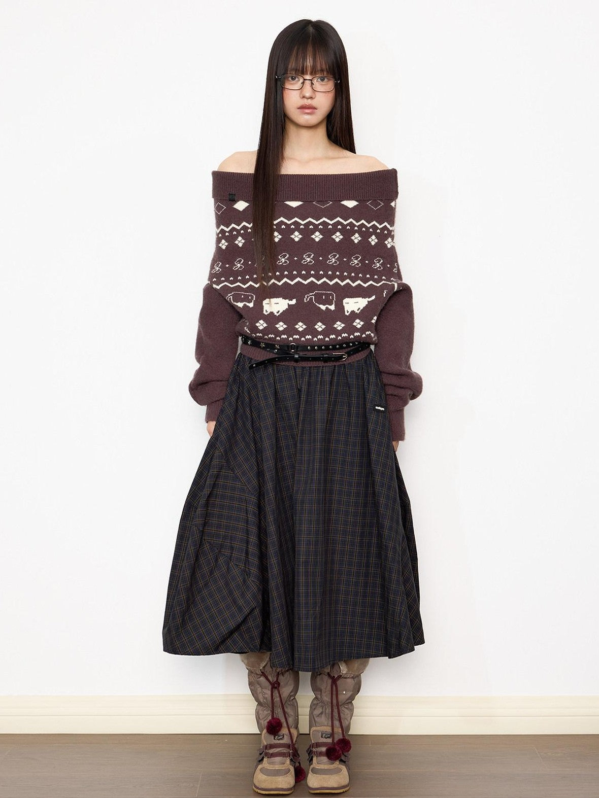 EZEK Vintage Printed Knit One Shoulder Women's Acrylic Blend Off-shoulder Sweaters