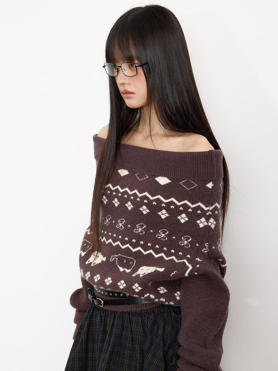 EZEK Vintage Printed Knit One Shoulder Women's Acrylic Blend Off-shoulder Sweaters