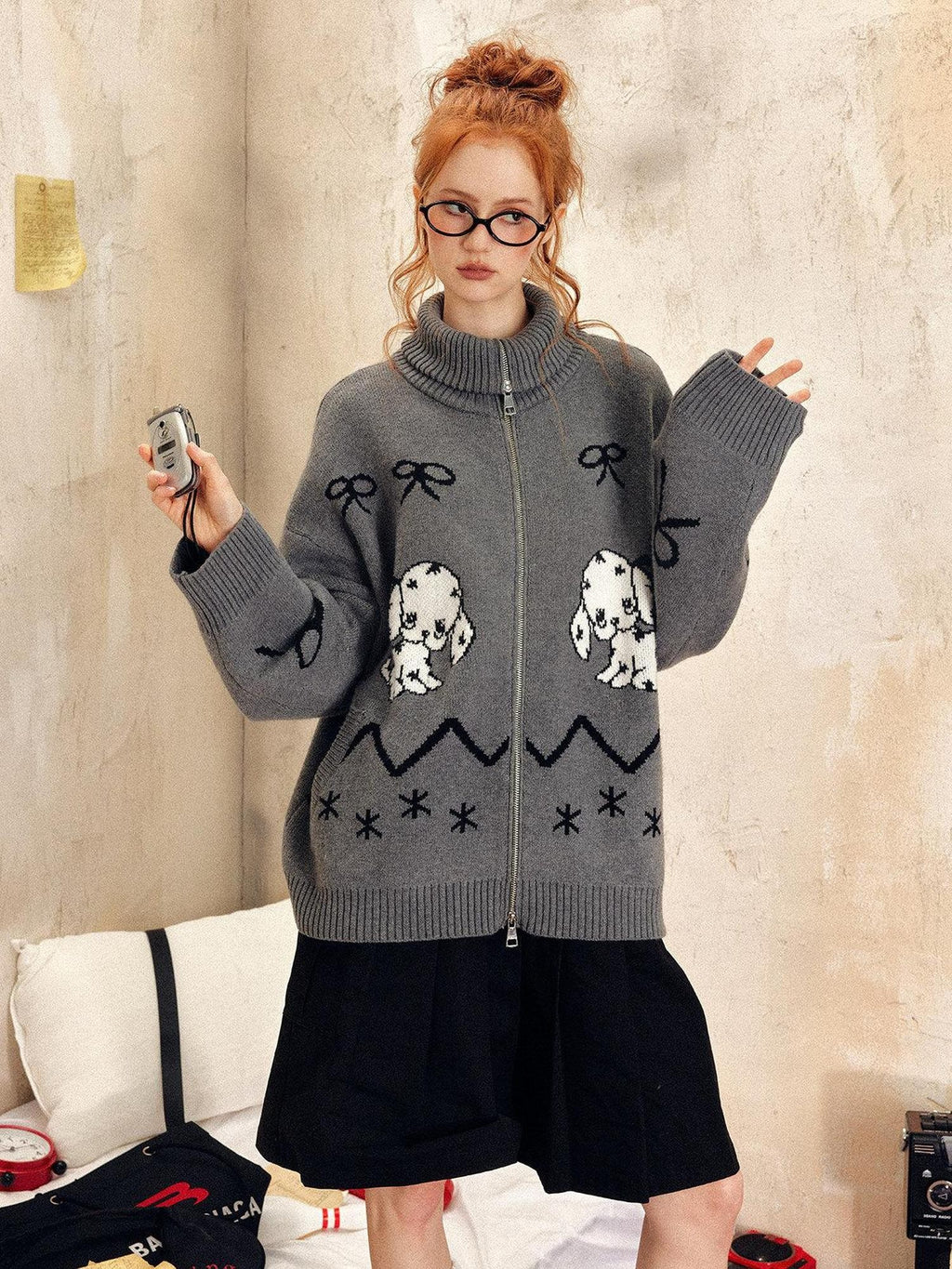 EZEK Vintage Puppy Bow Cartoon Zip High Neck Loose Women's Polyester Blend Cardigans