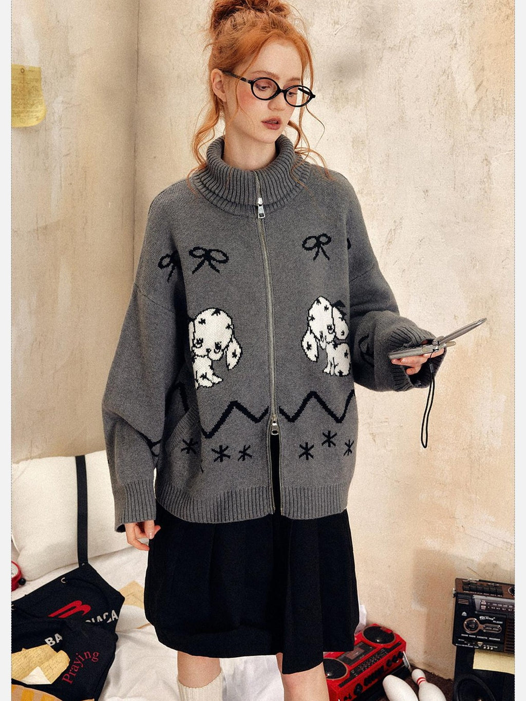 EZEK Vintage Puppy Bow Cartoon Zip High Neck Loose Women's Polyester Blend Cardigans