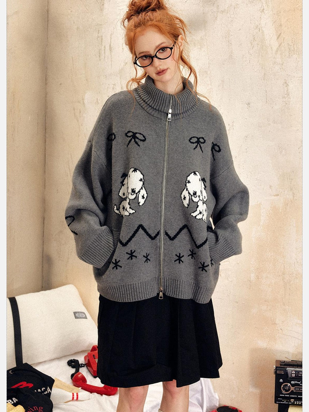 EZEK Vintage Puppy Bow Cartoon Zip High Neck Loose Women's Polyester Blend Cardigans