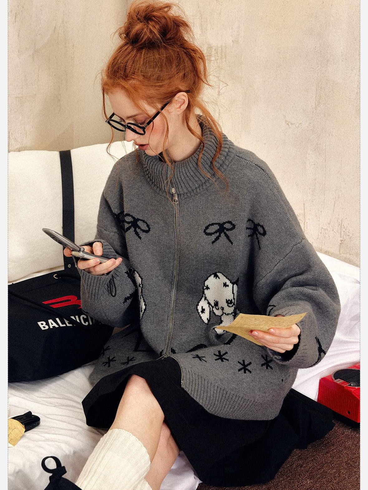 EZEK Vintage Puppy Bow Cartoon Zip High Neck Loose Women's Polyester Blend Cardigans